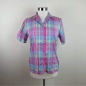 Vintage Miss B Pink Blue Plaid Short Sleeve Button Down Shirt Top Women 9/10